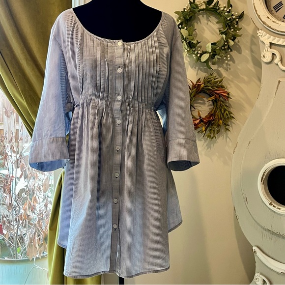 Pure Energy Blue & White Striped Tunic – Cottagecore Peasant Blouse Size 2 - Picture 1 of 9